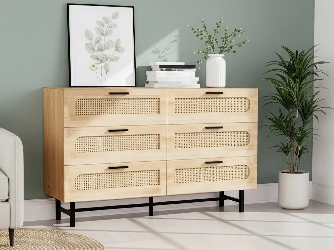 Commode en bois et cannage "Harrison" - 120 x 40 x 75 cm - Beige