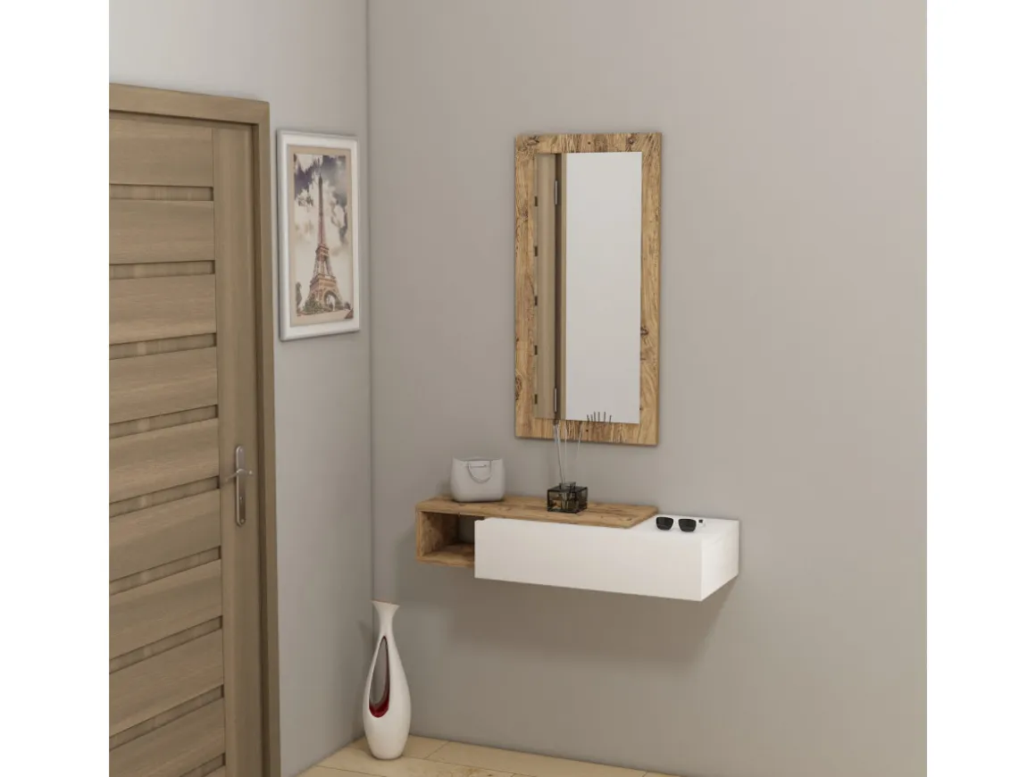 Console avec miroir en bois "Vien " - 82 x 29 x 15 cm - Blanc