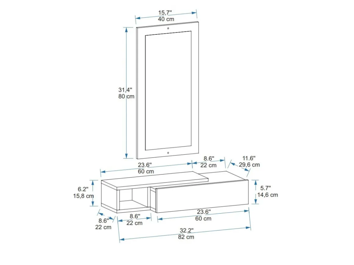 Console avec miroir en bois "Vien " - 82 x 29 x 15 cm - Blanc