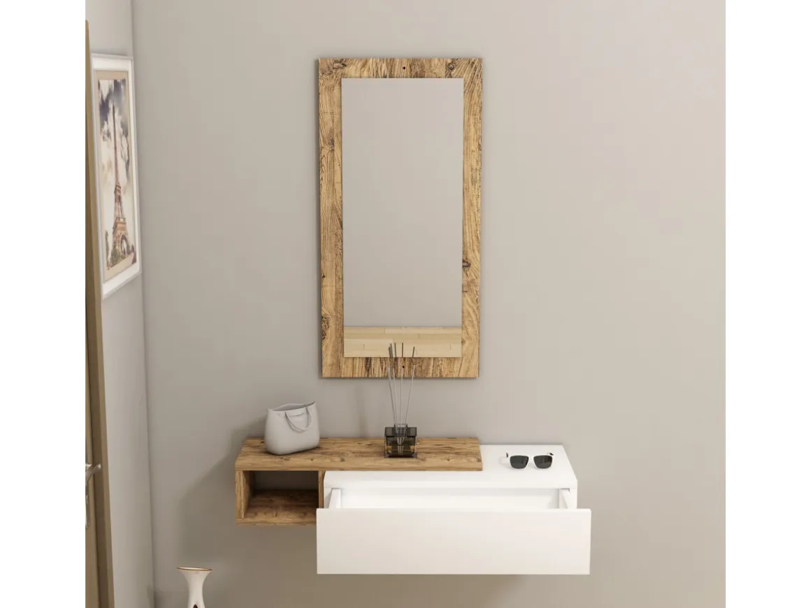 Console avec miroir en bois "Vien " - 82 x 29 x 15 cm - Blanc