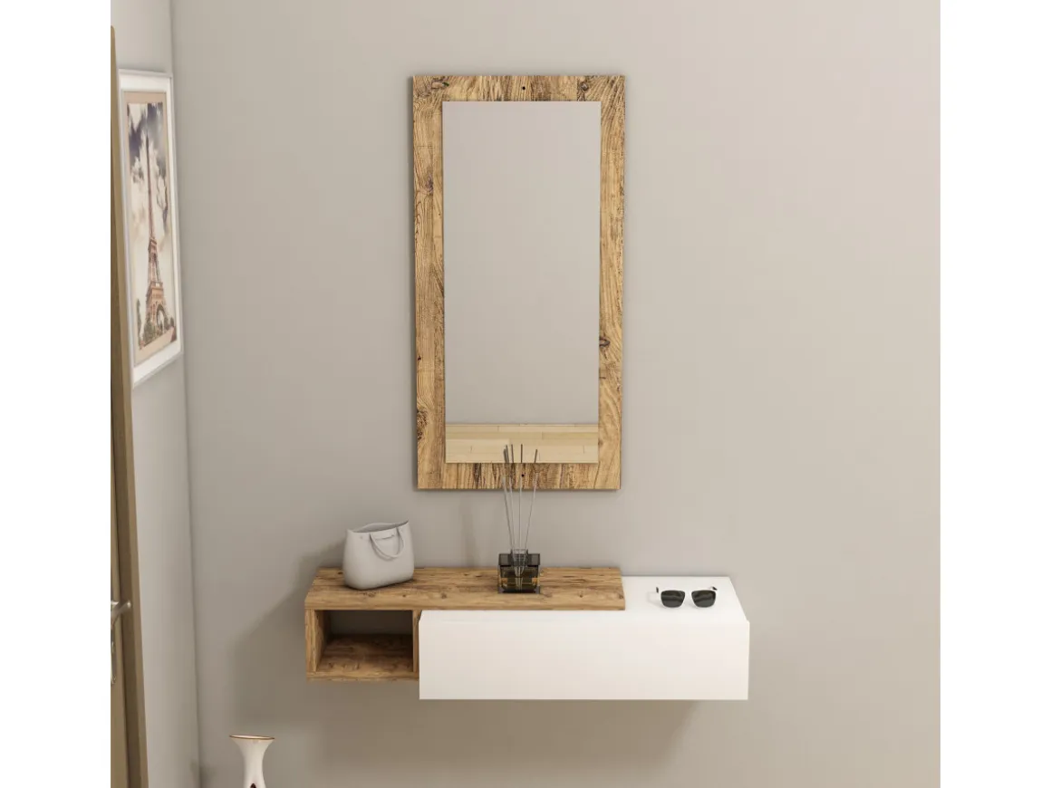 Console avec miroir en bois "Vien " - 82 x 29 x 15 cm - Blanc