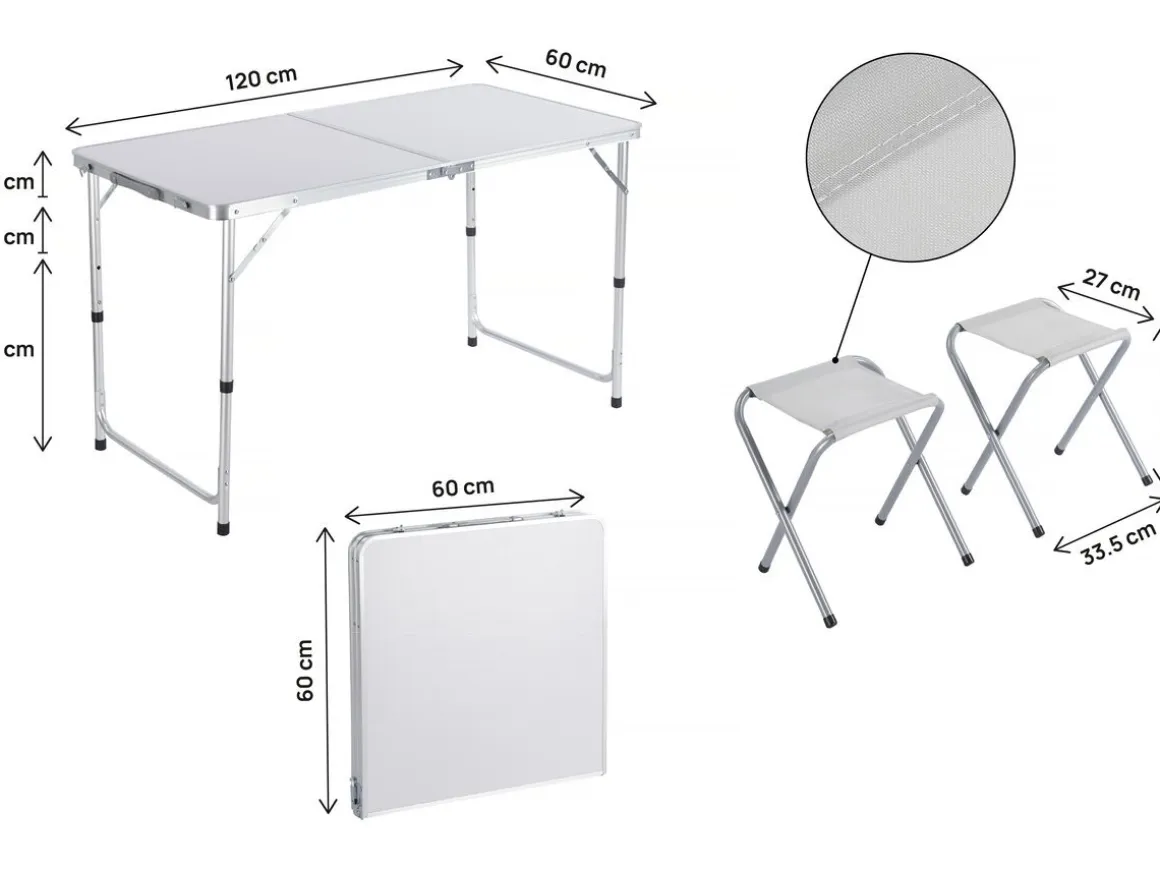 Ensembe table de camping et 4 tabourets pliants - 125 x 60 cm - Blanc