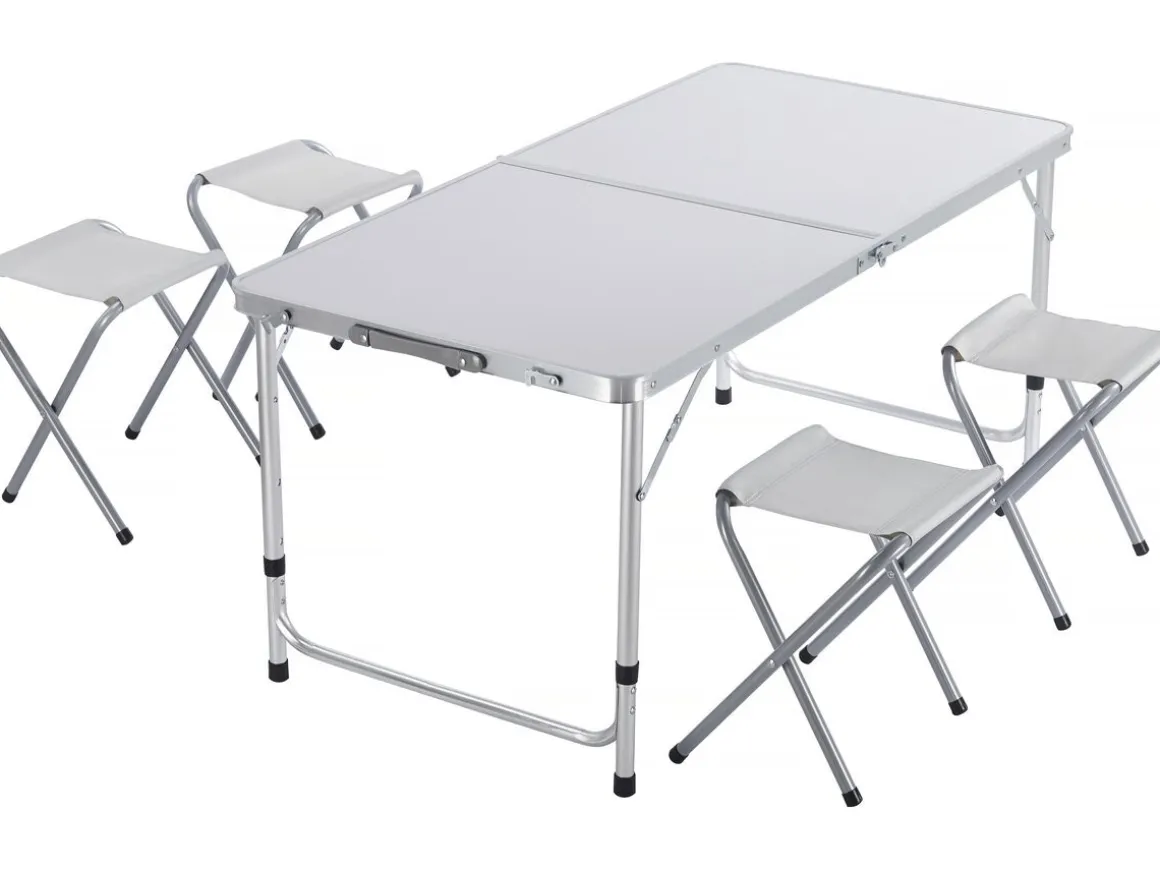 Ensembe table de camping et 4 tabourets pliants - 125 x 60 cm - Blanc