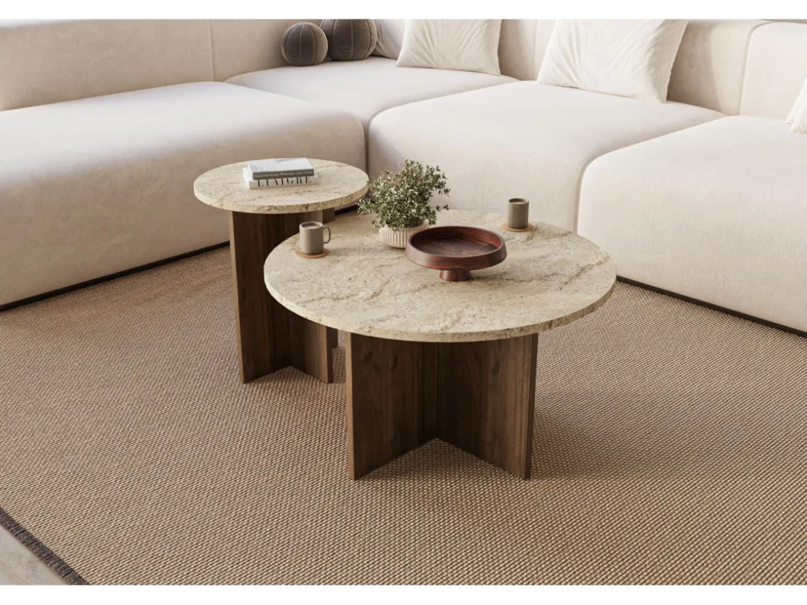 Ensemble de table basse en bois "Private" 70 x 70 x 40 cm - Travertin