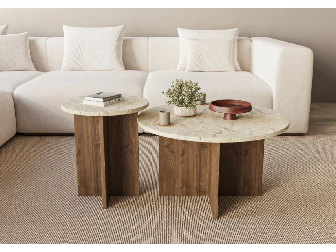 Ensemble de table basse en bois "Private" 70 x 70 x 40 cm - Travertin