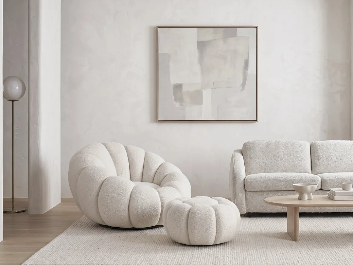 Fauteuil avec pouf style bubble en tissu bouclette "Élysée" - Crème