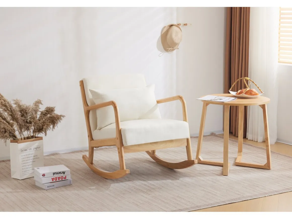 Fauteuil à bascule style scandinave bouclette et bois " Clinton " - Beige
