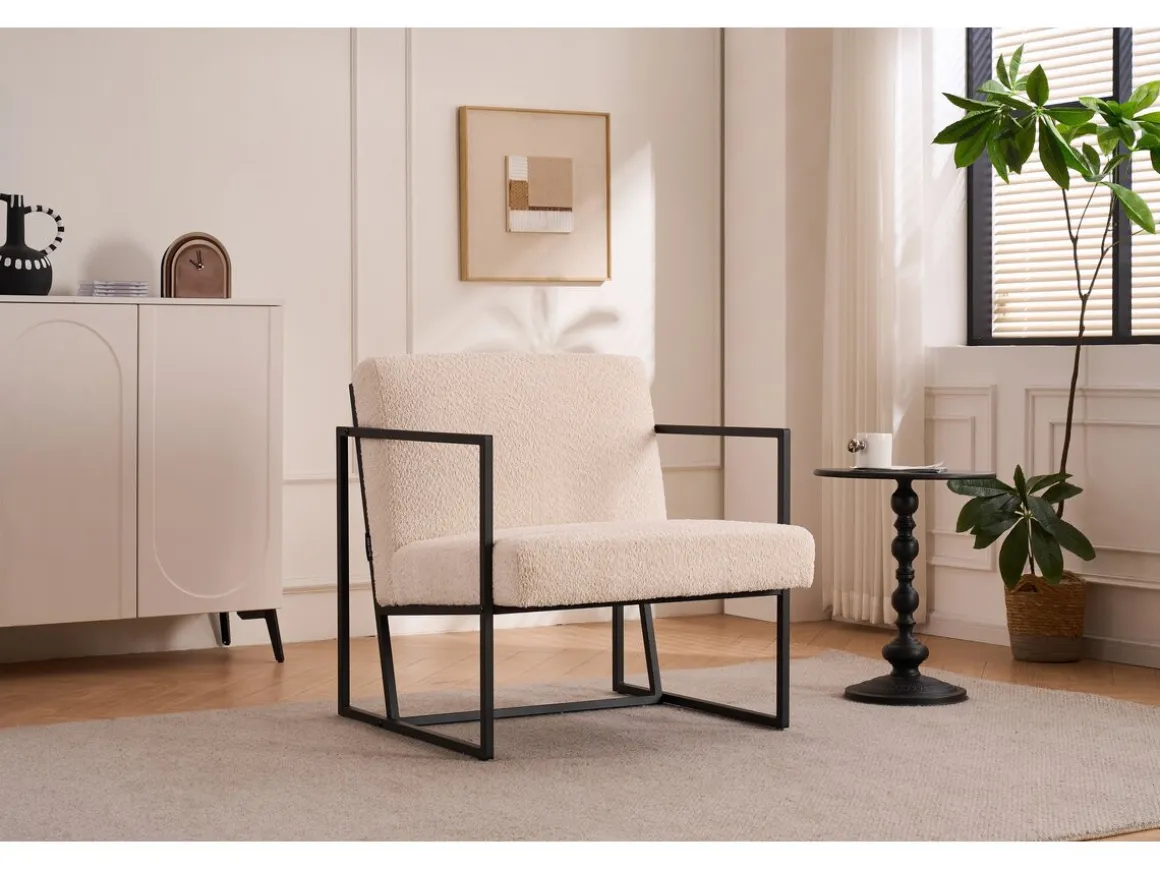 Fauteuil "Kennedy" en velours et métal - 73. 5 x 75.5 x 81 cm - Crème