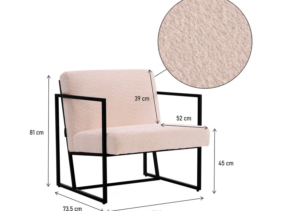 Fauteuil "Kennedy" en velours et métal - 73. 5 x 75.5 x 81 cm - Crème