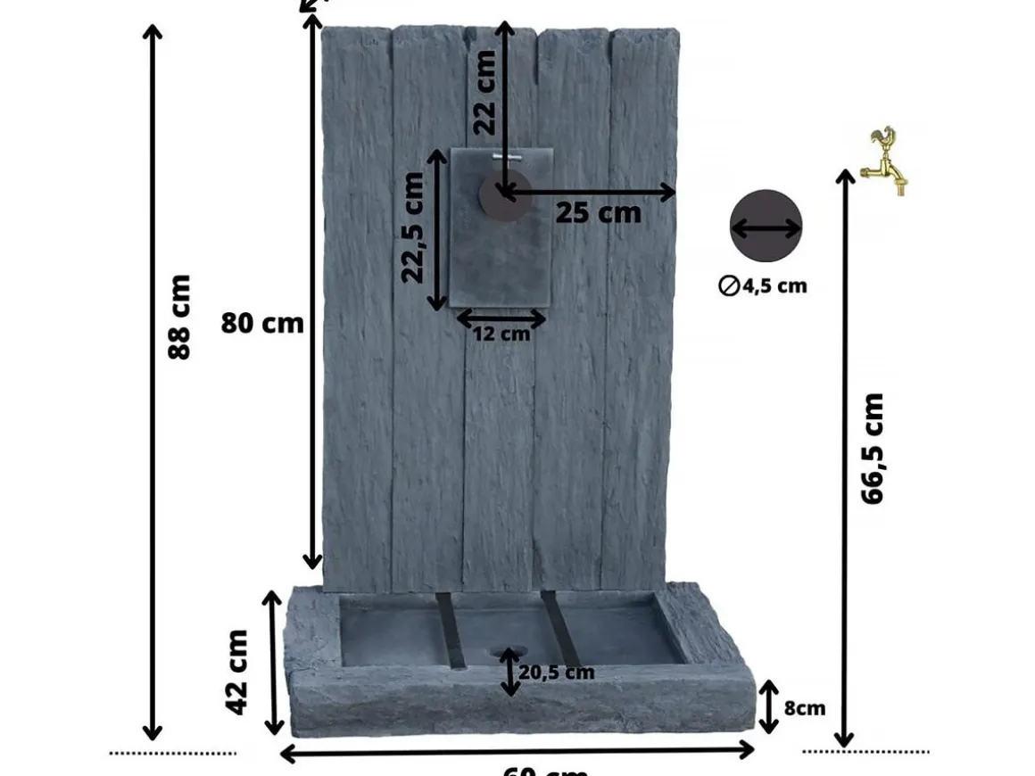 Fontaine "ARDOISE" - en pierre reconstituée - 59 x 44 x 87 cm - Gris