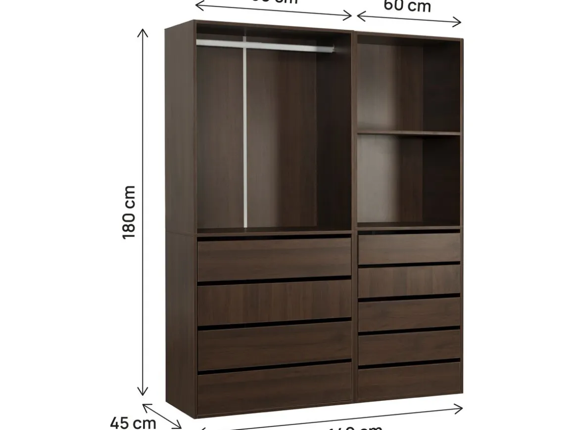 Kit dressing modulable avec penderie, 9 tiroirs et 2 étagères "Opéra" - 2 éléments - Marron