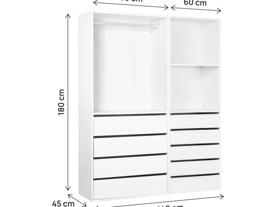 Kit dressing modulable avec penderie, 9 tiroirs et 2 étagères "Opéra" - 2 éléments - Blanc