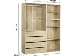 Kit dressing modulable avec penderie, 4 tiroirs et 5 étagères 