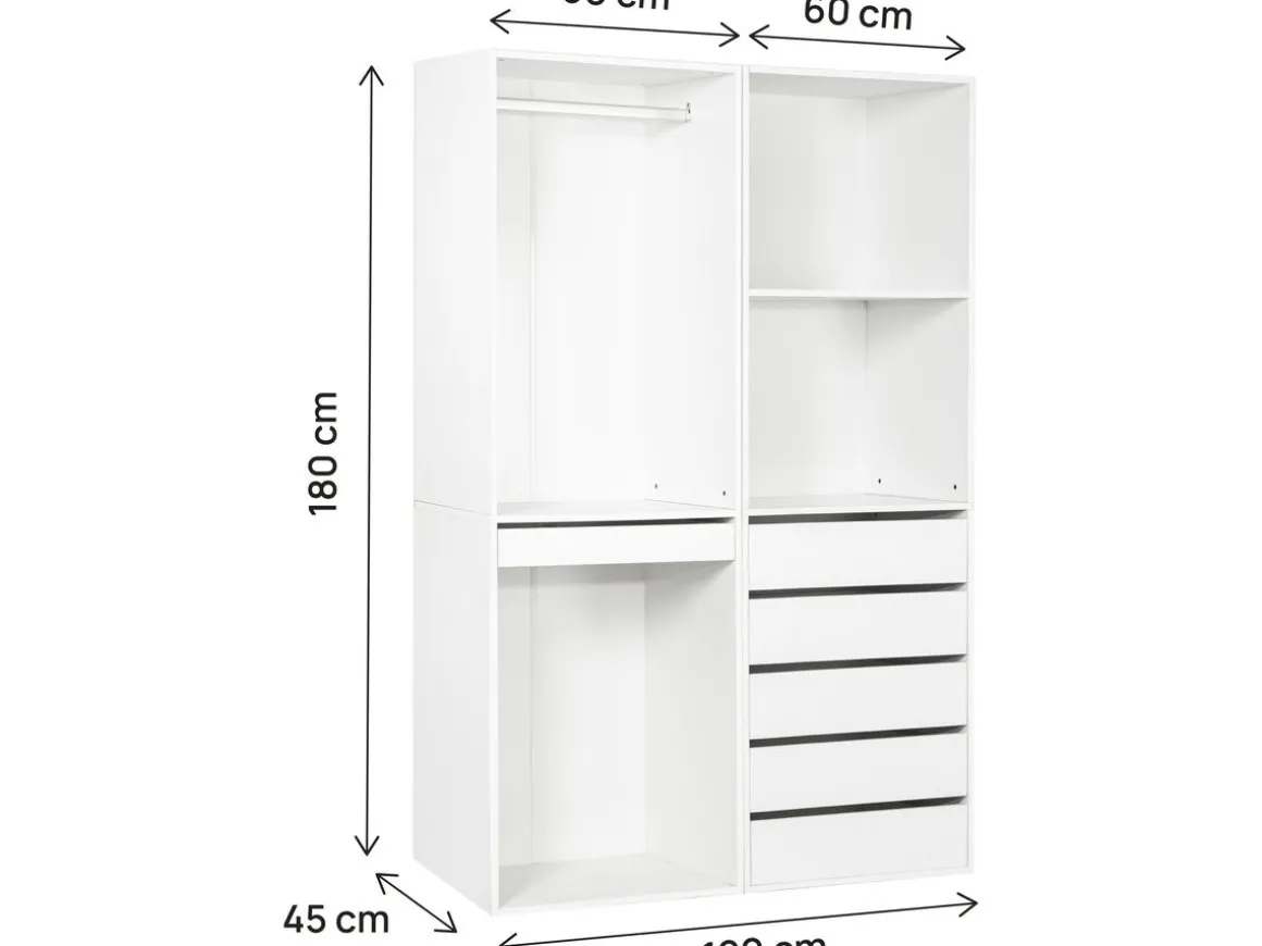 Kit dressing modulable avec penderie, porte-pantalons, 5 tiroirs et 2 étagères "Opéra" - 2 éléments - Blanc