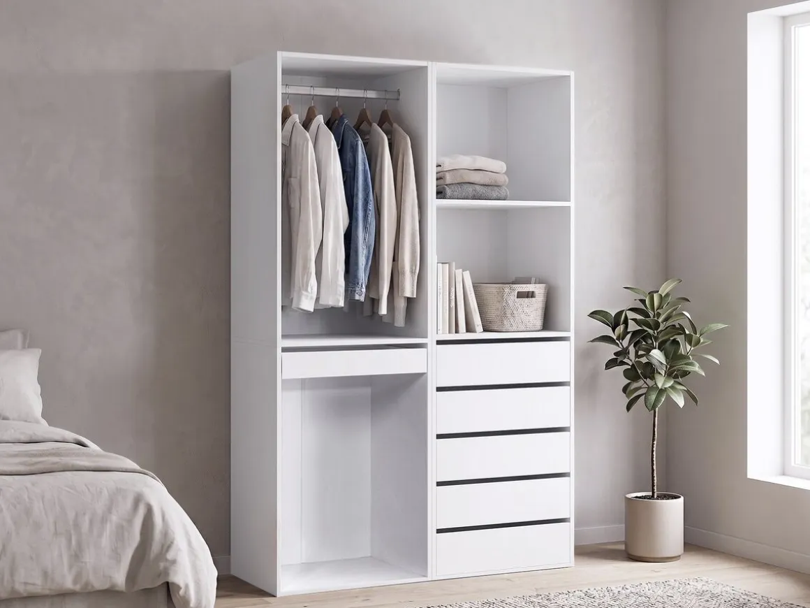 Kit dressing modulable avec penderie, porte-pantalons, 5 tiroirs et 2 étagères "Opéra" - 2 éléments - Blanc