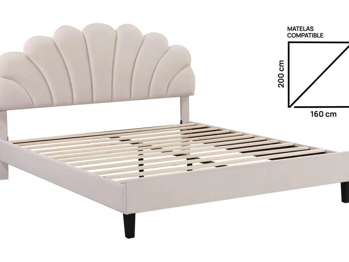 Lit coquillage en velours "Manon" - Beige - 160 x 200 cm