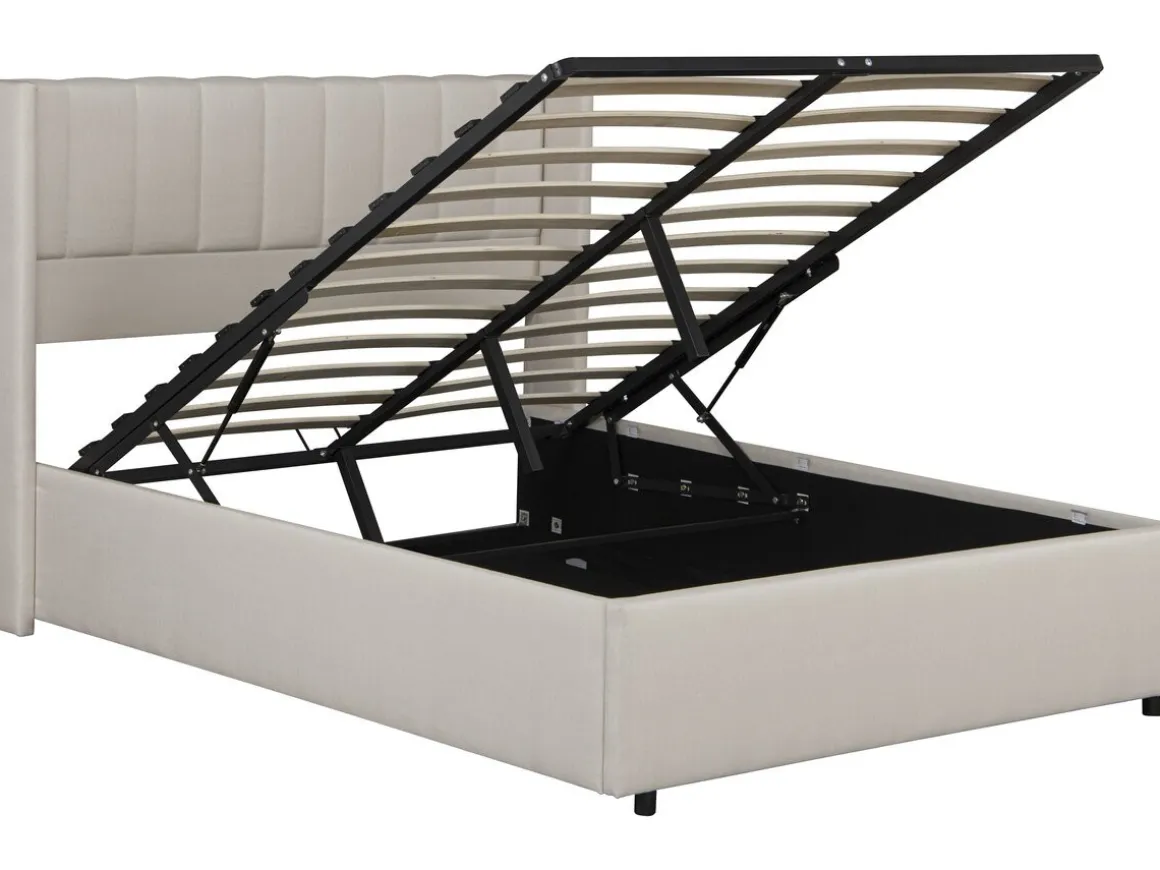 Lit double en lin avec coffre "Saint-Moritz" - 160 x 200 cm - Beige