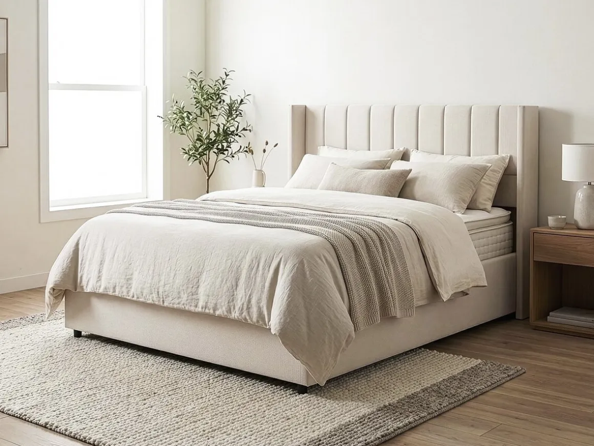 Lit double en lin avec coffre "Saint-Moritz" - 160 x 200 cm - Beige