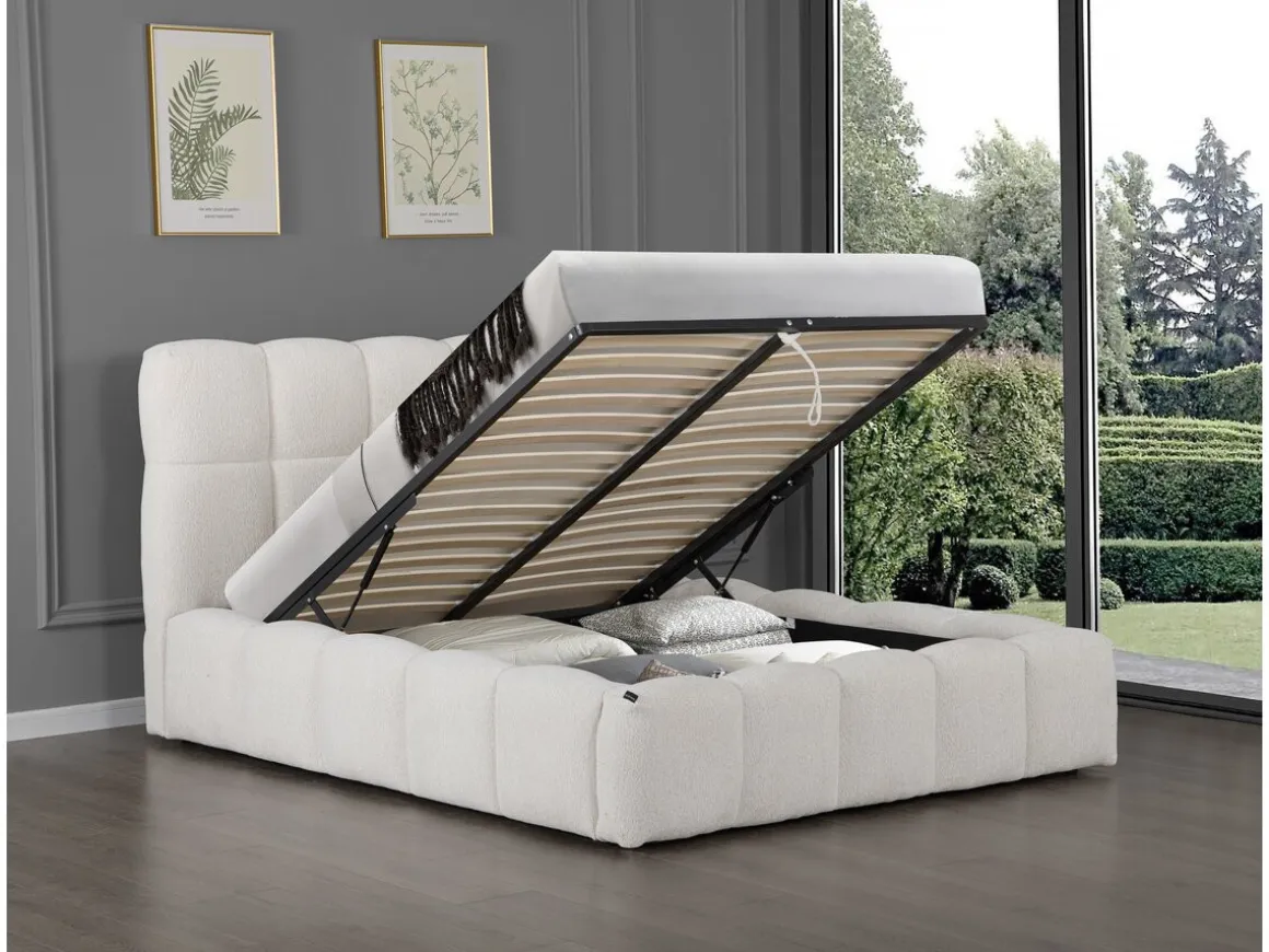 Lit double en tissu avec coffre "Davos" - 160 x 200 cm - Beige