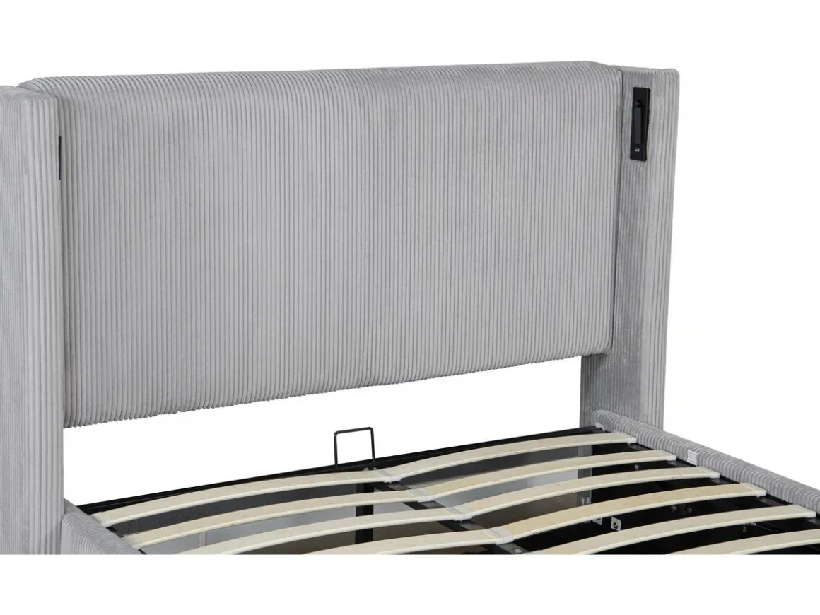 Lit double en velours côtelé avec coffre et lampe intégré "Cortina" - 160 x 200 cm - Gris