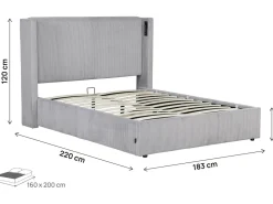 Lit double en velours côtelé avec coffre et lampe intégré