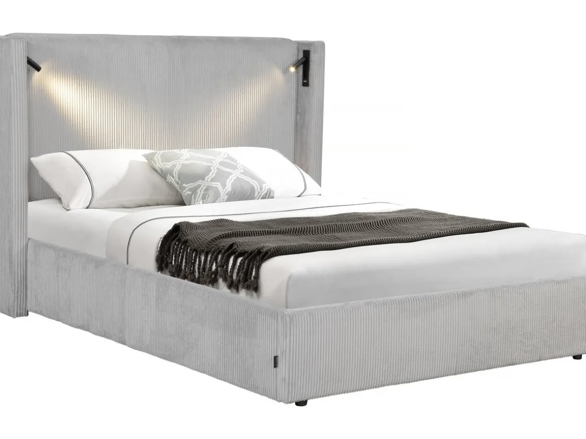 Lit double en velours côtelé avec coffre et lampe intégré "Cortina" - 160 x 200 cm - Gris