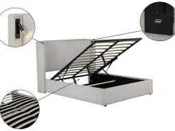 Lit double en velours côtelé avec coffre et lampe intégré "Cortina" - 140 x 190 cm- Beige