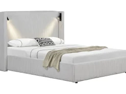 Lit double en velours côtelé avec coffre et lampe intégré "Cortina" - 140 x 190 cm-  Beige