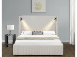 Lit double en velours côtelé avec coffre et lampe intégré