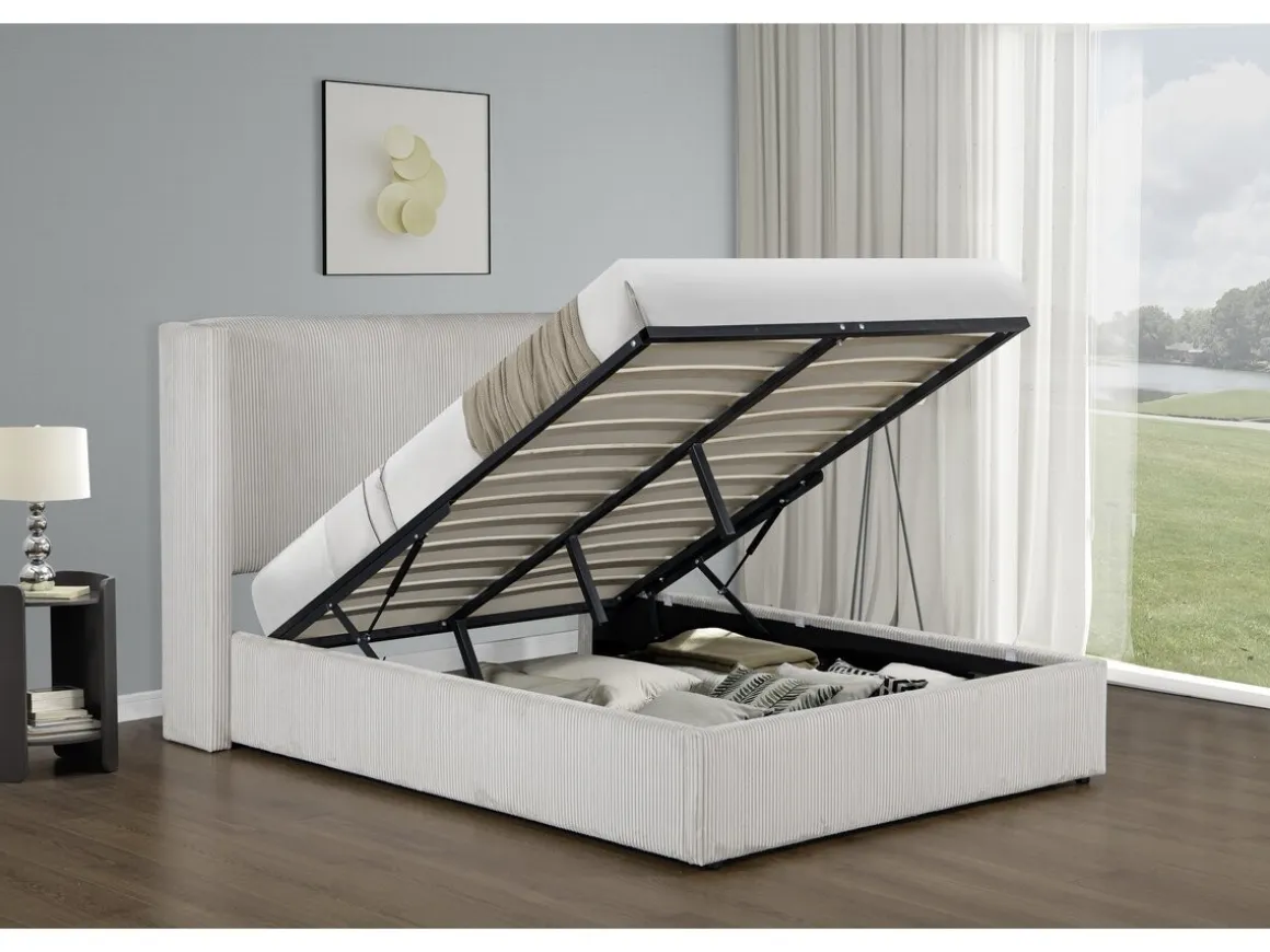 Lit double en velours côtelé avec coffre et lampe intégré "Cortina" - 140 x 190 cm- Beige