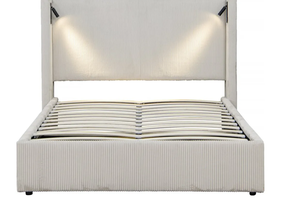 Lit double en velours côtelé avec coffre et lampe intégré "Cortina" - 140 x 190 cm- Beige