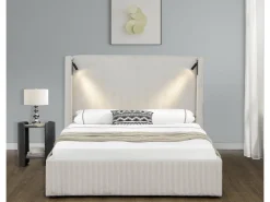 Lit double en velours côtelé avec coffre et lampe intégré "Cortina" - 160 x 200 cm - Beige