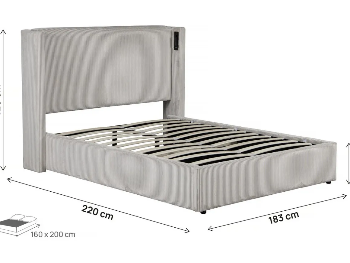 Lit double en velours côtelé avec coffre et lampe intégré "Cortina" - 160 x 200 cm - Beige