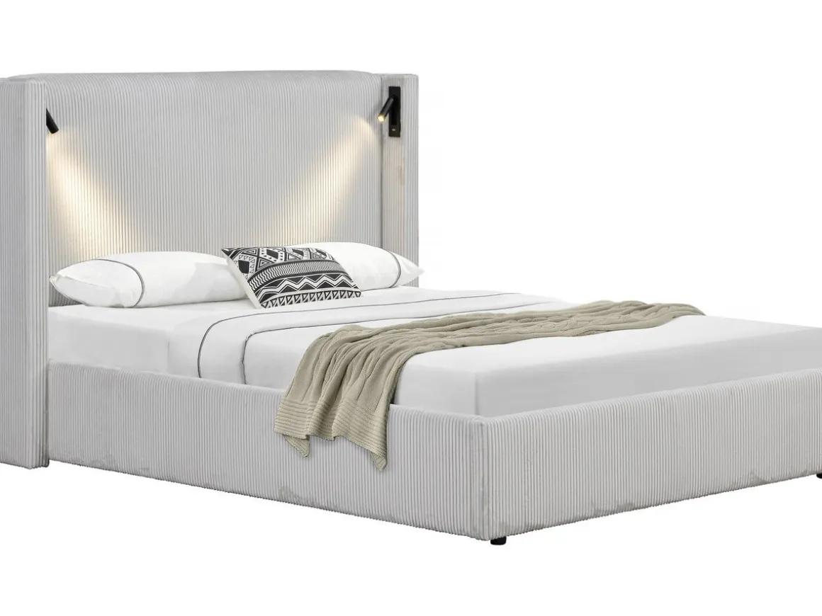 Lit double en velours côtelé avec coffre et lampe intégré "Cortina" - 160 x 200 cm - Beige