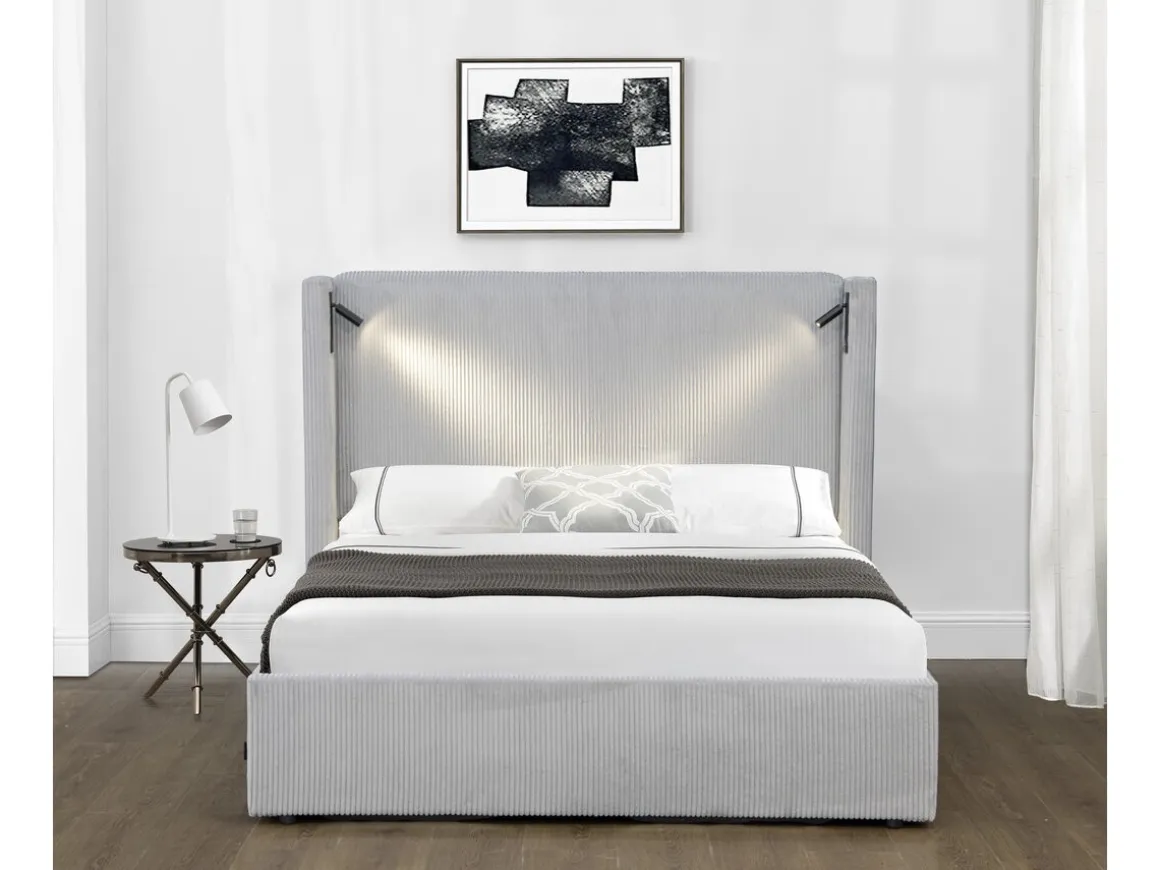 Lit double en velours côtelé avec coffre et lampe intégré "Cortina" - 140 x 190 cm - Gris
