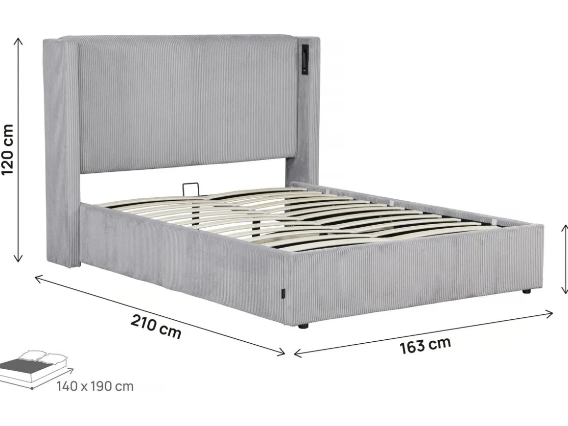 Lit double en velours côtelé avec coffre et lampe intégré "Cortina" - 140 x 190 cm - Gris