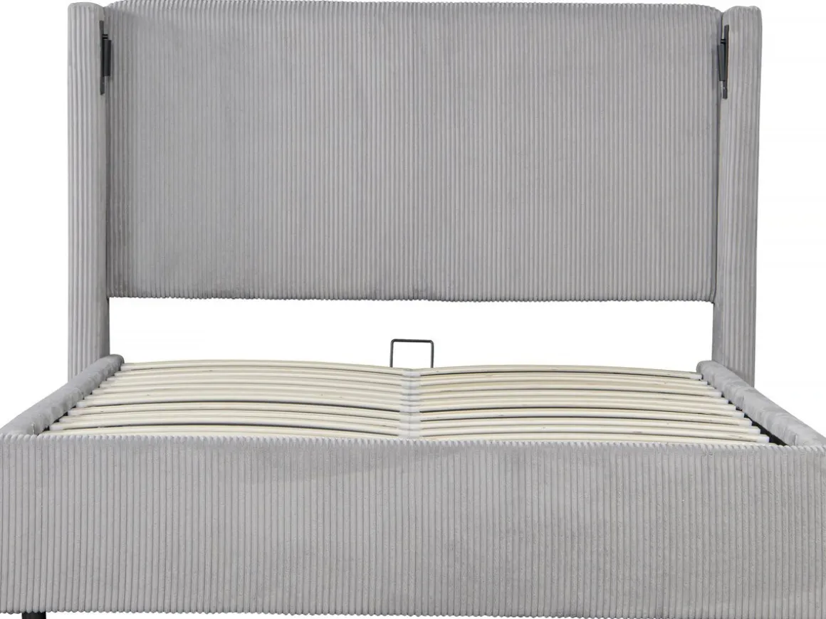 Lit double en velours côtelé avec coffre et lampe intégré "Cortina" - 140 x 190 cm - Gris