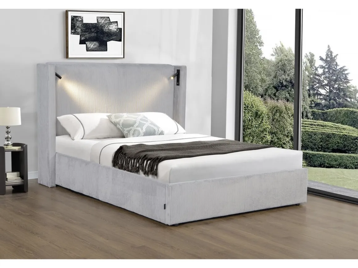 Lit double en velours côtelé avec coffre et lampe intégré "Cortina" - 140 x 190 cm - Gris