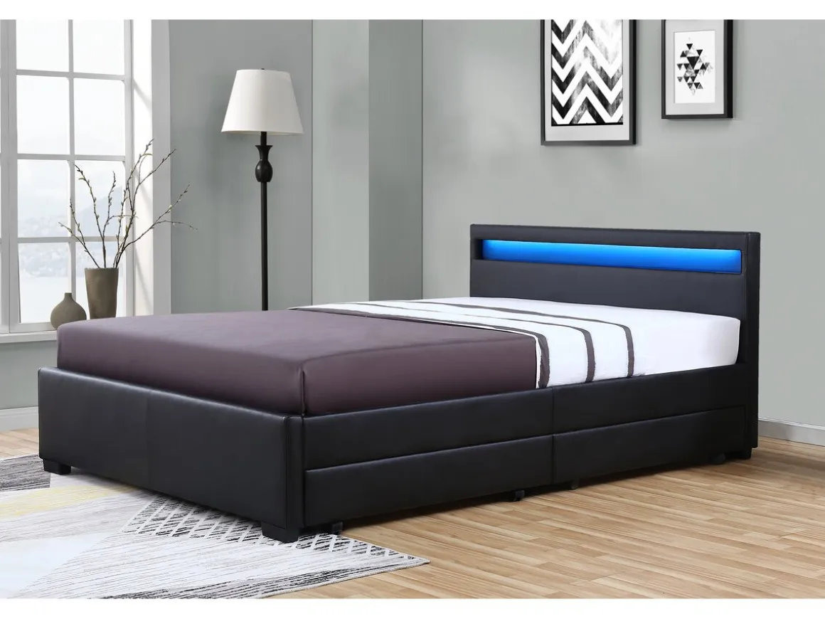 Lit LED avec 4 tiroirs "Nico" - 140 × 190 cm - Noir