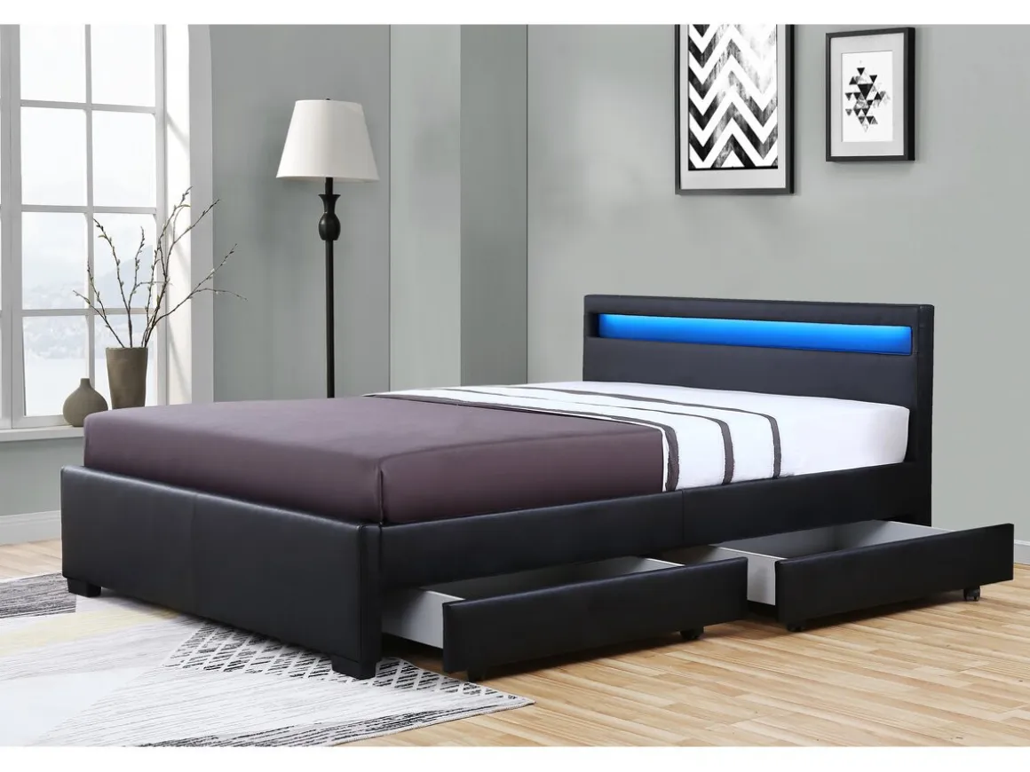 Lit LED avec 4 tiroirs "Nico" - 140 × 190 cm - Noir