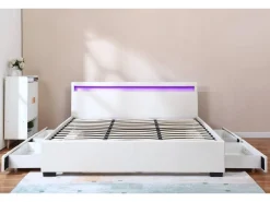 LIT LED double avec 4 tiroirs "Nico" - 180 x 200 cm - Blanc