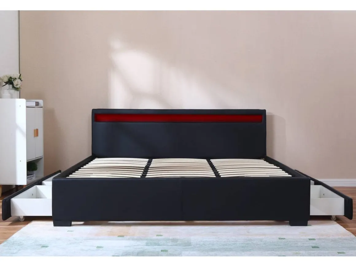 LIT LED double avec 4 tiroirs "Nico" - 180 x 200 cm - Noir