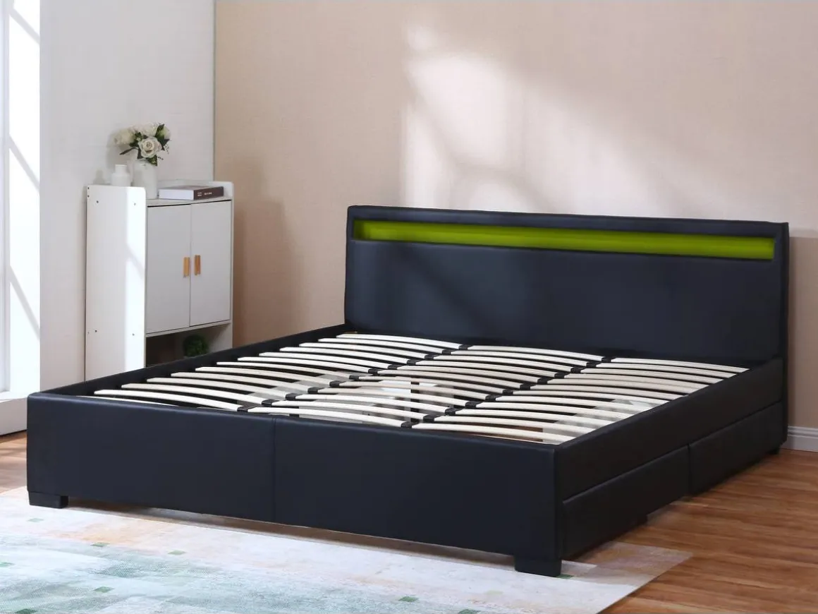 LIT LED double avec 4 tiroirs "Nico" - 180 x 200 cm - Noir