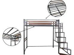 Lit mezzanine en métal avec escalier "LENA" - 140 x 190 cm - Noir et marron noyer