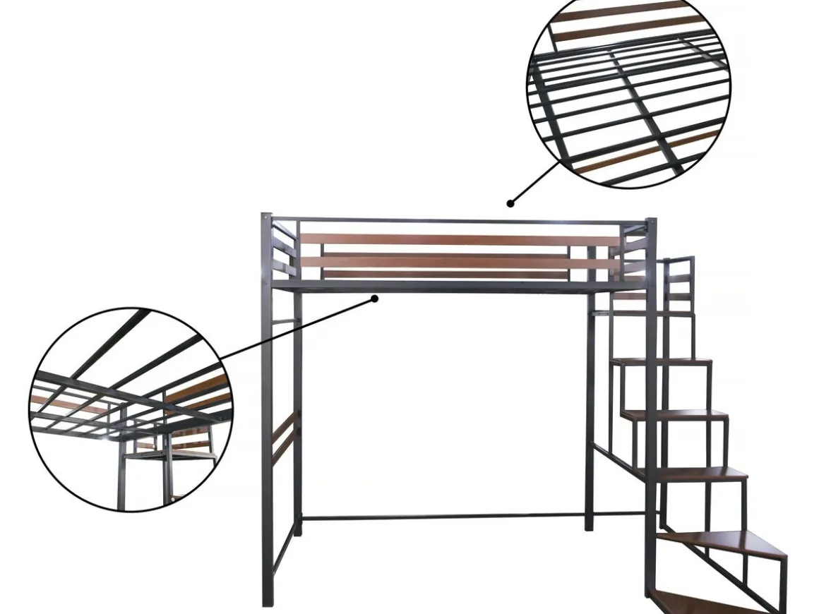 Lit mezzanine en métal avec escalier "LENA" - 140 x 190 cm - Noir et marron noyer