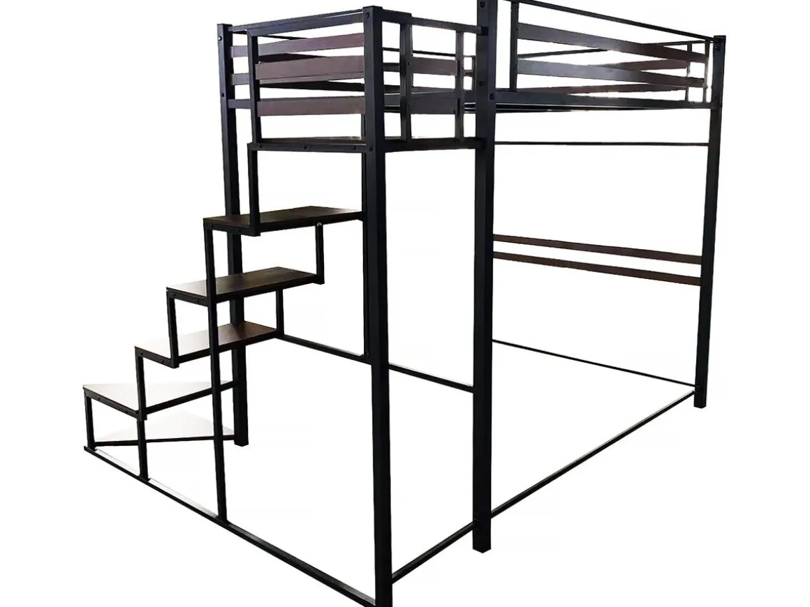 Lit mezzanine en métal avec escalier "LENA" - 140 x 190 cm - Noir et marron noyer