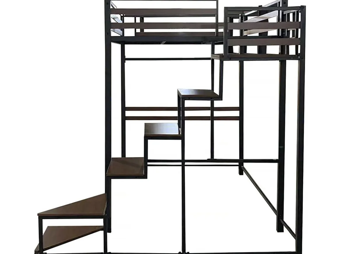 Lit mezzanine en métal avec escalier "LENA" - 140 x 190 cm - Noir et marron noyer