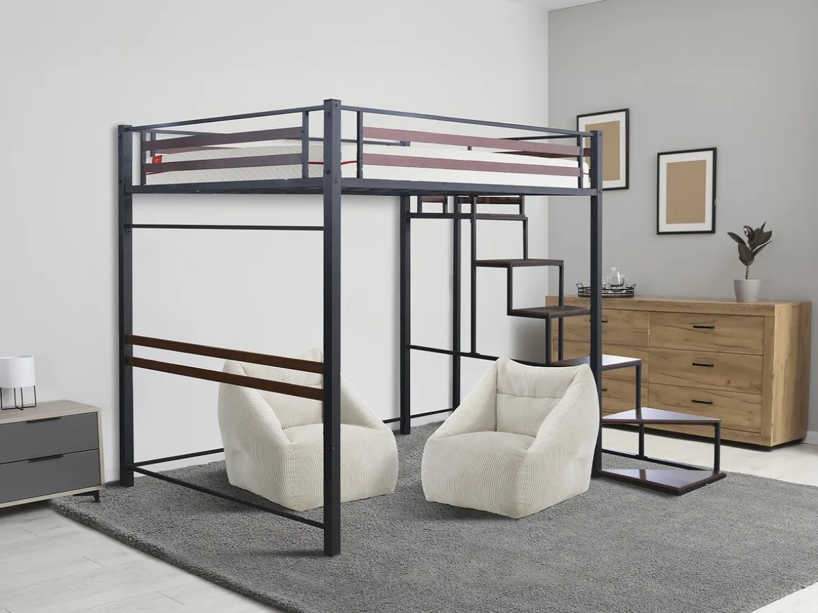 Lit mezzanine en métal avec escalier "LENA" - 140 x 190 cm - Noir et marron noyer
