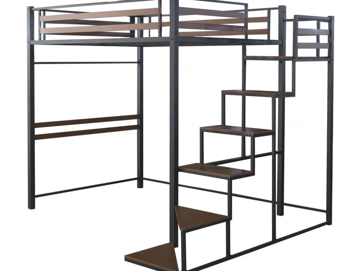 Lit mezzanine en métal avec escalier "LENA" - 140 x 190 cm - Noir et marron noyer
