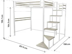 Lit mezzanine en métal avec escalier "LENA" - 140 x 190 cm - Blanc